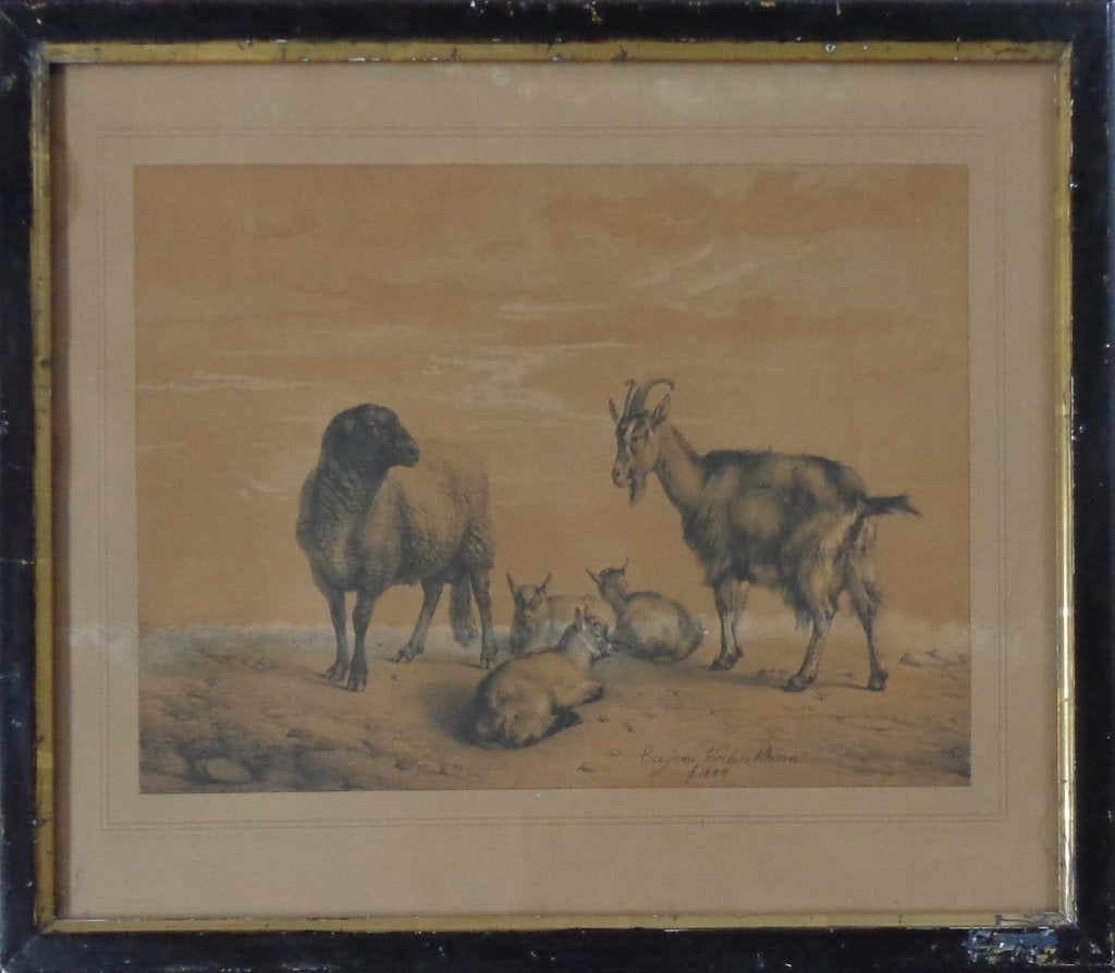 EUGENE VERBOECKHOVEN / GEITEN & SCHAAP / LITHO 44x50cm KADER, Ingelijst, 1800 - 1899, Ophalen of Verzenden, Flora en Fauna