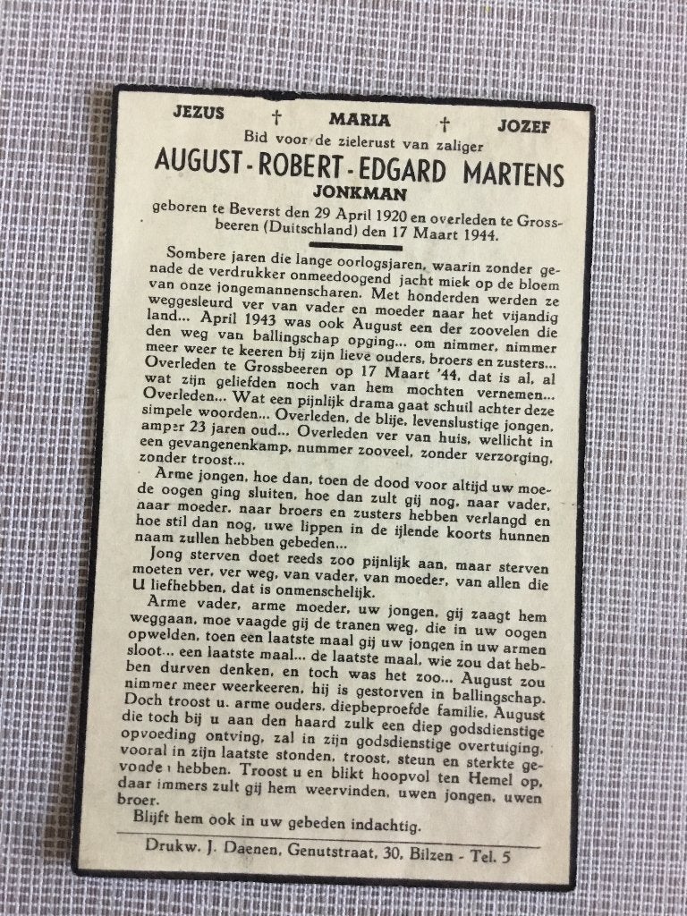 Victime de guerre Martens Beverst Bilzen +1944 Allemagne, Envoi, Image pieuse