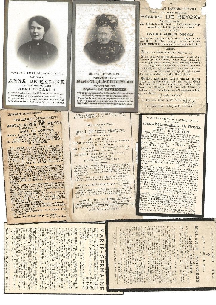 Anzegem - families De Reycke, Delarue, Bauwens, ..., Verzamelen, Bidprentjes en Rouwkaarten, Ophalen of Verzenden, Bidprentje