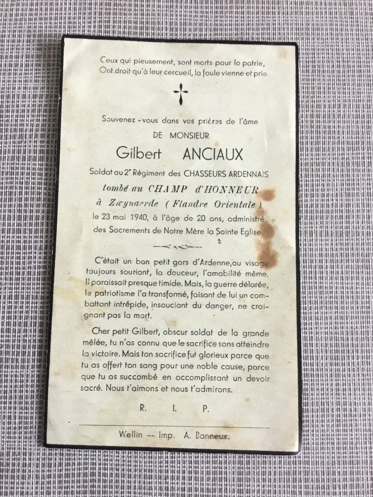 Soldat Ardennais Hunter G.Anciaux tué à Zwijnaarde 1940 WOII, Collections, Envoi, Image pieuse