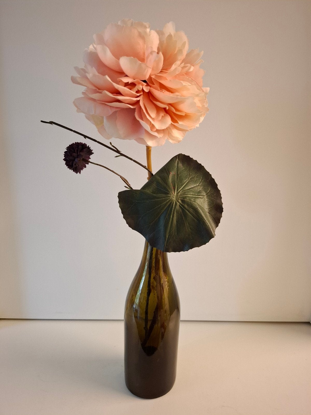 vintage fles met bloem, Binnen, Groen, Ophalen of Verzenden, Handgemaakt