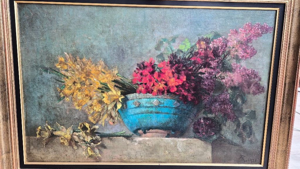 Peinture à l'huile - Composition Fleurale, Signé, Peinture à l'huile, Enlèvement, Réaliste
