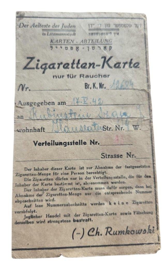 carte à cigarettes du ghetto de Litzmannstadt., Collections, Enlèvement ou Envoi