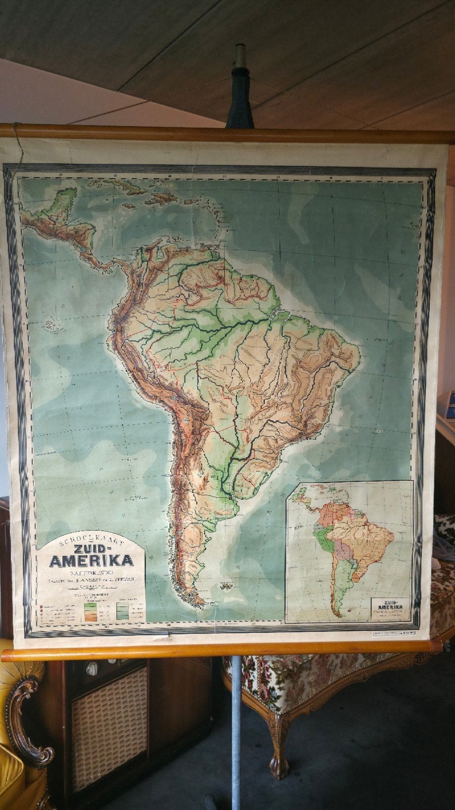 Vintage landkaart Zuid Amerika, Antiek en Kunst, Ophalen