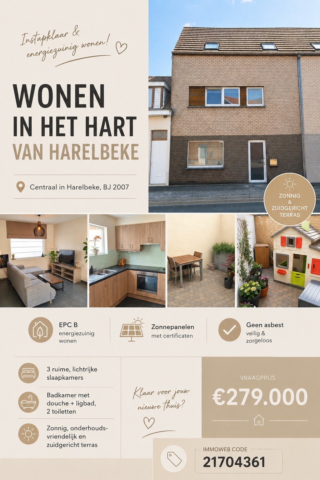 Lichtrijke, energiezuinige woning met 3 slpkmrs, BJ 2007, Immo, 3 kamers, Provincie West-Vlaanderen