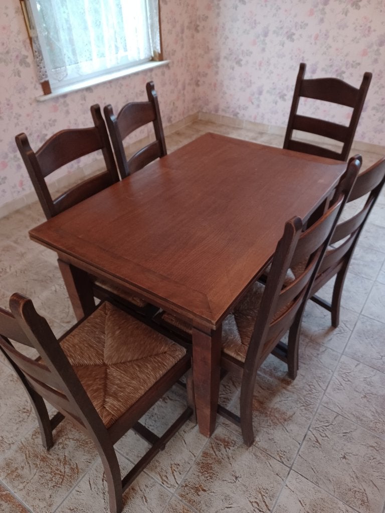 Massief eiken eettafel - uitschuifbaar met stoelen, Huis en Inrichting, Ophalen