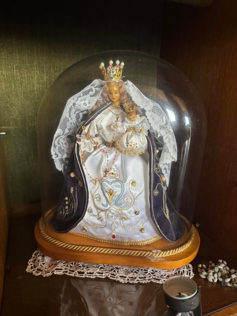 Antiek Maria beeld met kind onder glazen stolp, Enlèvement ou Envoi