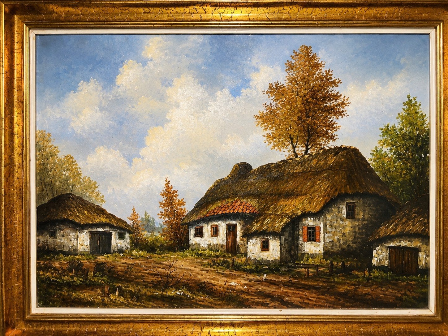 Schilderij met landelijk dorpsgezicht – Olieverf op doek, Antiek en Kunst, Ophalen of Verzenden, Klassiek, Olieverf, Doek