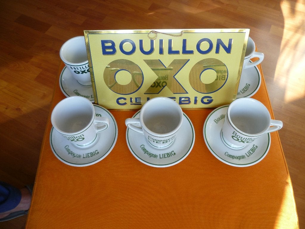 BLIKKEN BORDJES+6 KOP EN SCHOTELS"OXO LIEBIG"UIT JAREN 30/40, Collections, Enlèvement ou Envoi, Utilisé, Panneau publicitaire