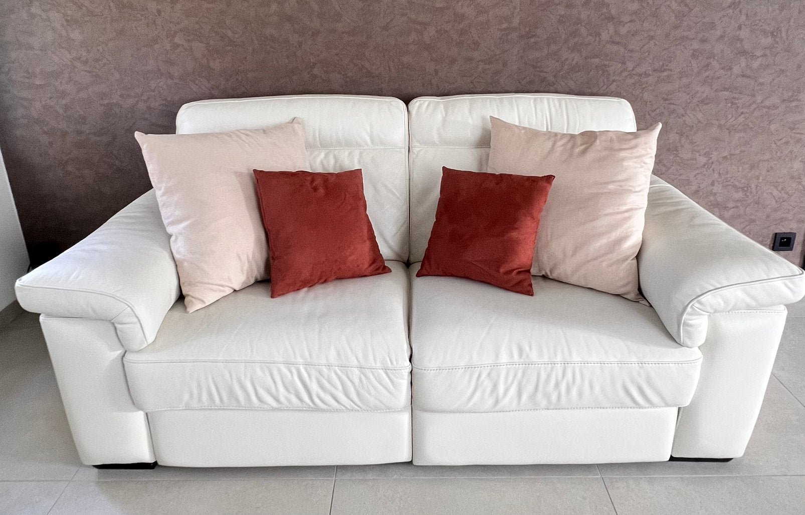 Canapé cuir blanc Mailleux – 2 relax électriques, Banc droit, Enlèvement, Utilisé, Cuir