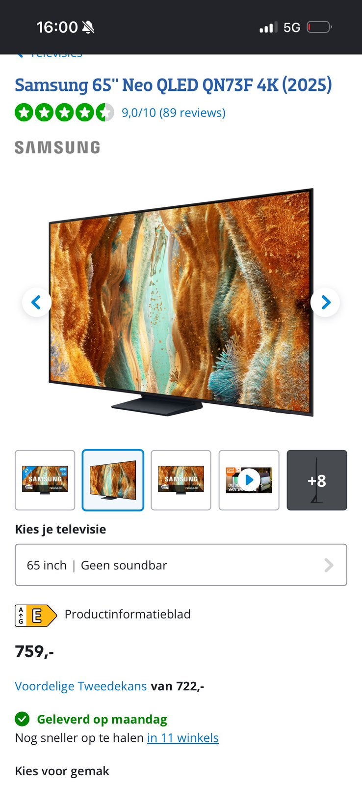 Samsung 65" Neo QLED QN73F 4K, Audio, Tv en Foto, Ophalen, Zo goed als nieuw, QLED, Samsung