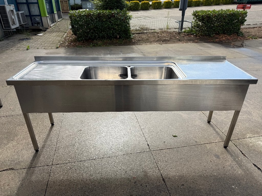 RVS spoeltafel met 2 bakken L2m20xD60xH85/90cm, Zakelijke goederen, Ophalen, Gebruikt, Meubilair