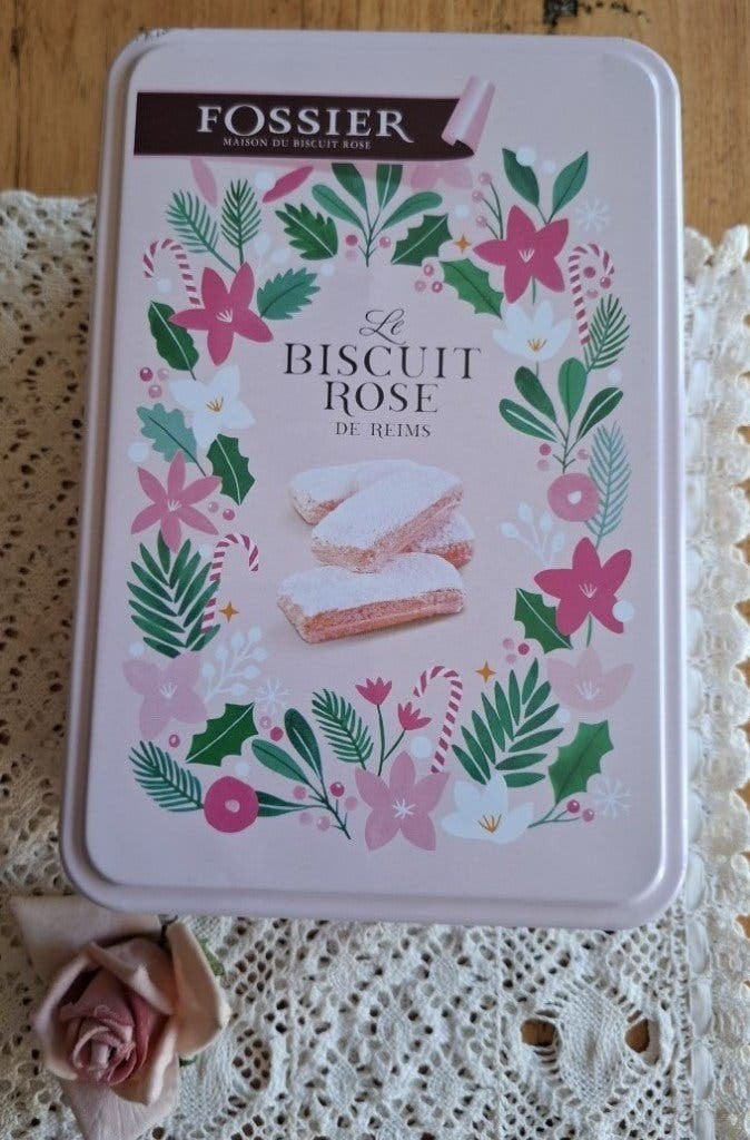 Frans roze koekjes blik, Fossier, Maison de biscuit rose, Enlèvement ou Envoi, Utilisé, Biscuits, Autres marques