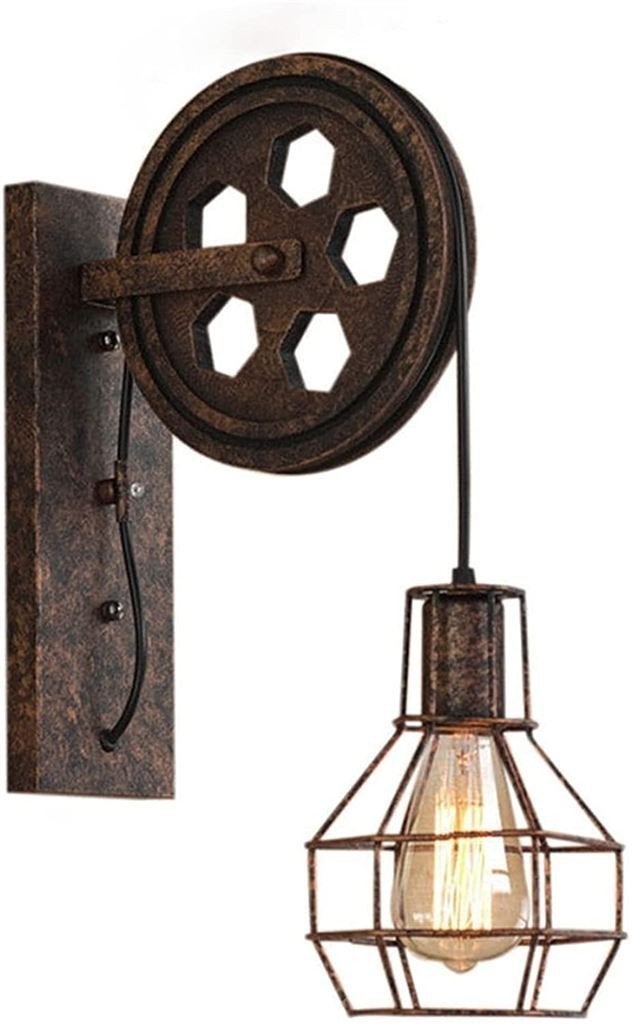 Industriële Katrol Wandlamp – Metaal en Hout - Loft Stijl, Ophalen of Verzenden, Nieuw, Hout, Wandlamp