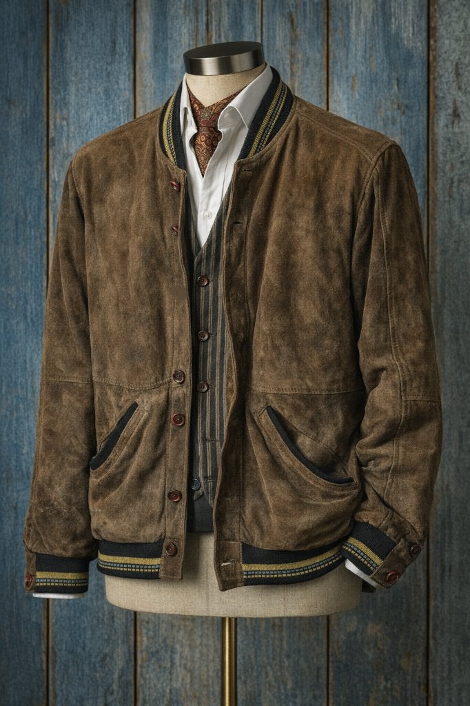 Blouson bomber vintage en cuir suédé — taille 54, Enlèvement ou Envoi, Porté, Taille 52/54 (L), Brun