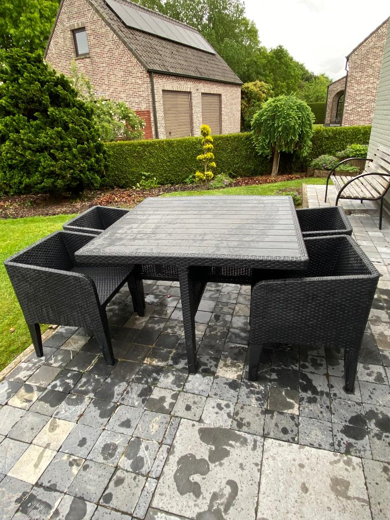 tafel + 4 stoelen tuin, Ophalen, 4 zitplaatsen, Rotan, Zo goed als nieuw