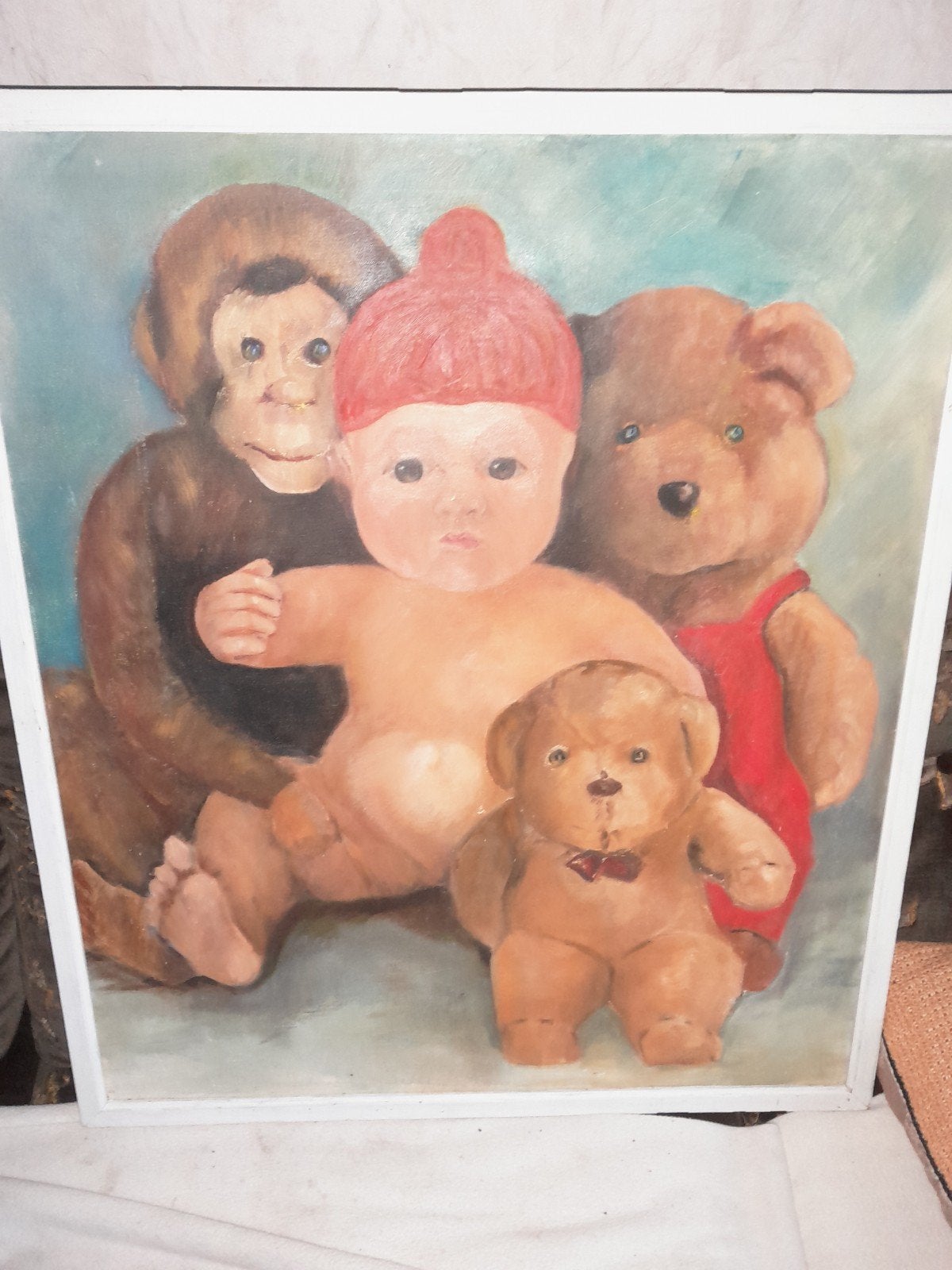 pluche dieren olie op doek, Antiquités & Art, Art | Peinture | Classique, Enlèvement, Animaux, Toile