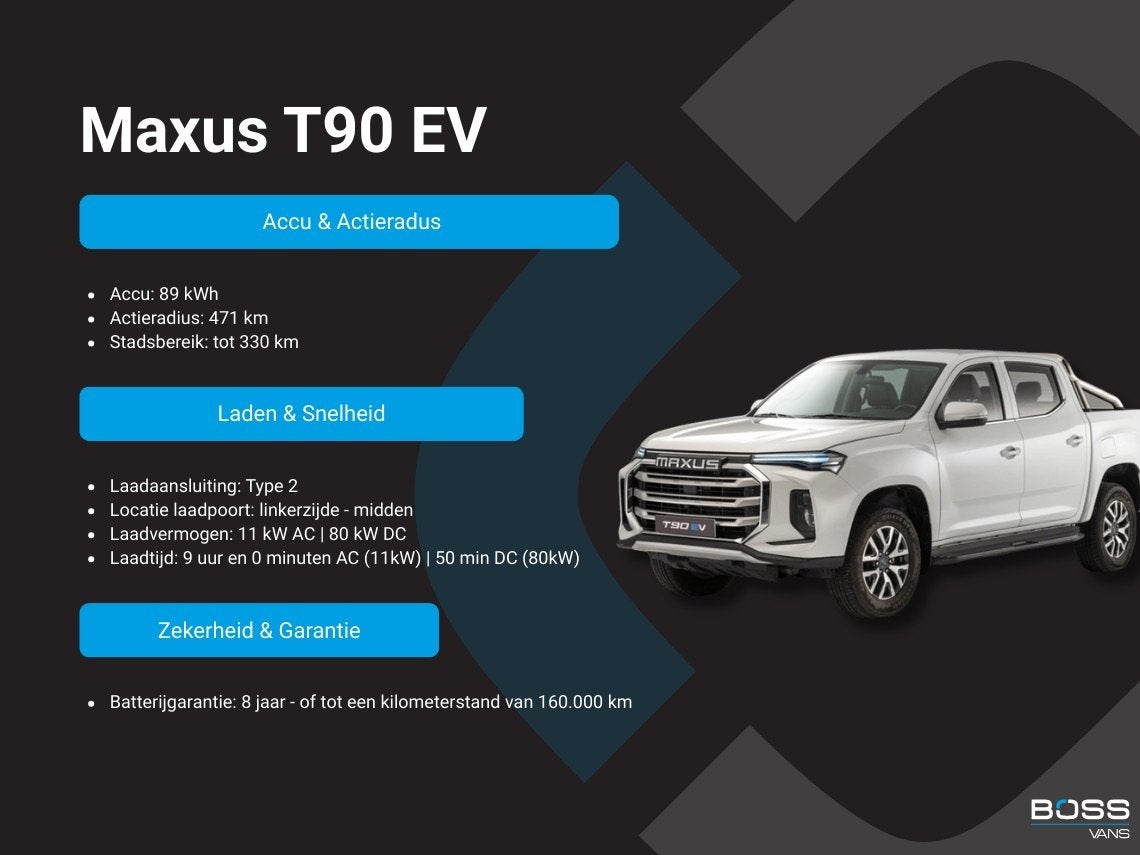 Maxus T90 EV 89 kWh 177PK 100% Elektrisch Pickup 471km WLTP, Auto's, Automaat, Dealer onderhouden, Achterwielaandrijving, 2375 kg