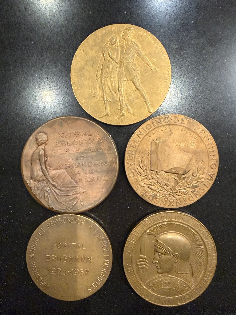 5 médailles nobelle/art déco/numismatique en bronze lourd, Timbres & Monnaies, Enlèvement ou Envoi, Bronze