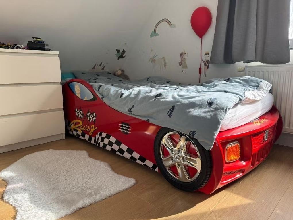Kinderbed raceauto met lichten 90x200cm, Ophalen, 85 tot 100 cm, Gebruikt, Matras
