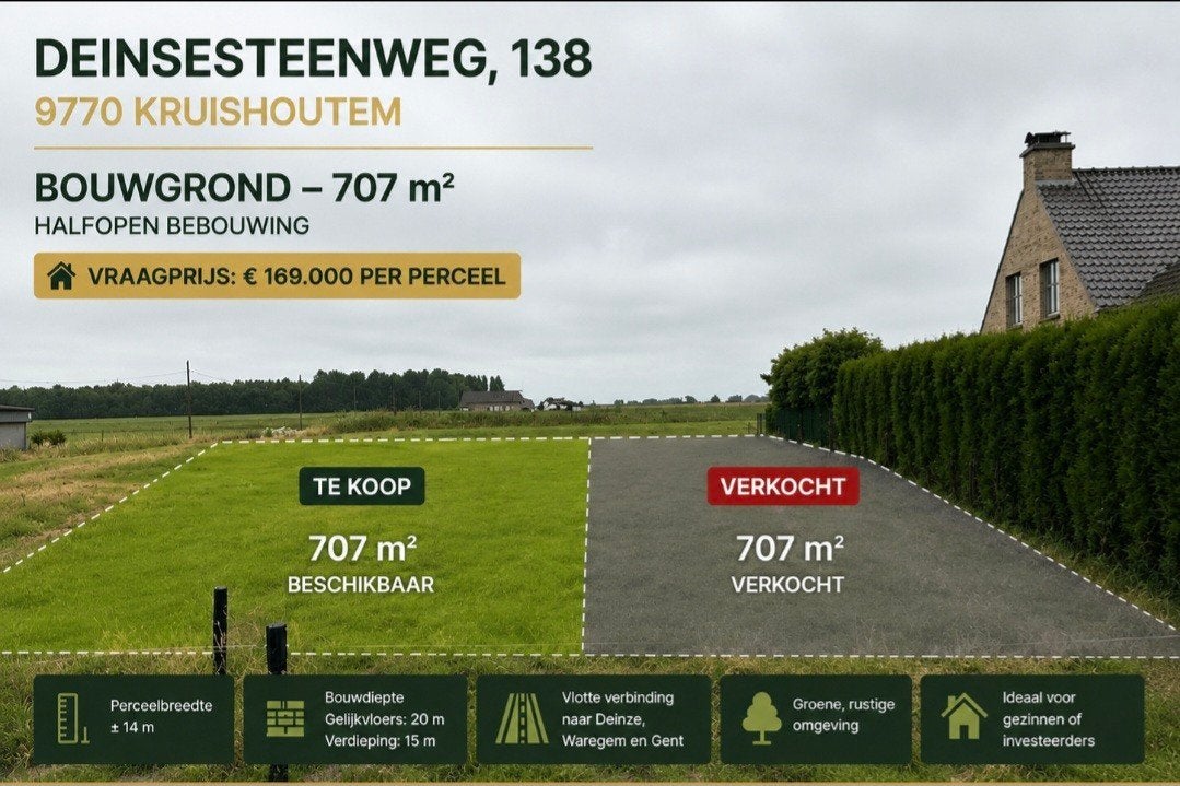 bouwgrond Kruishoutem te koop 707m², Immo, Kruisem, 500 tot 1000 m²