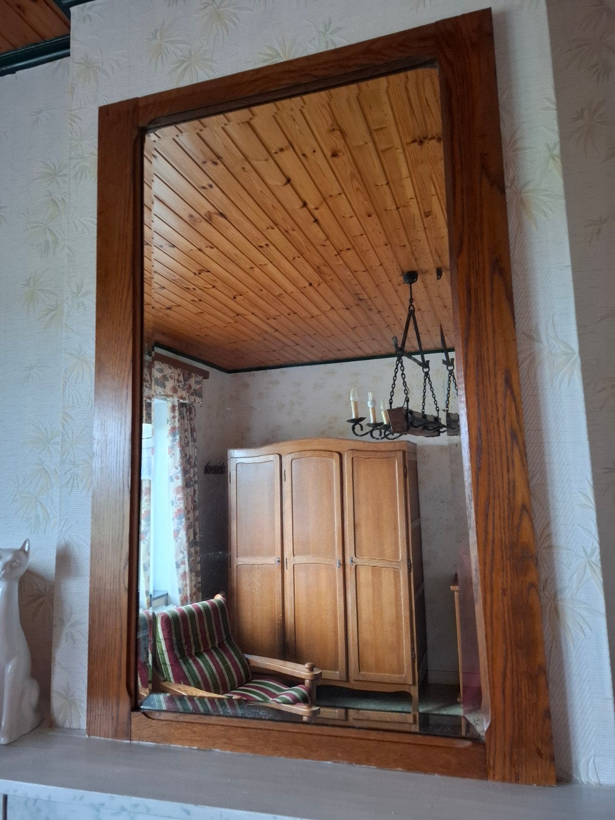 Grote vintage wandspiegel met robuuste eikenhouten lijst, Ophalen, Rechthoekig