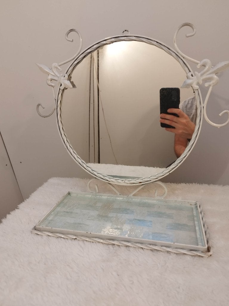 Miroir de table / coiffeuse vintage fer forgé blanc tablette, Antiquités & Art, Enlèvement, Rond, Moins de 50 cm, Moins de 100 cm