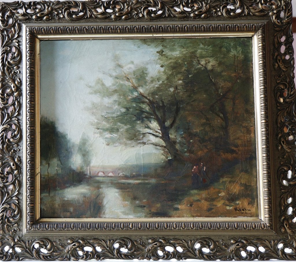 Hans Klein: Landschap met rivier (1947), Paysage, Enlèvement, Signé, Peinture à l'huile