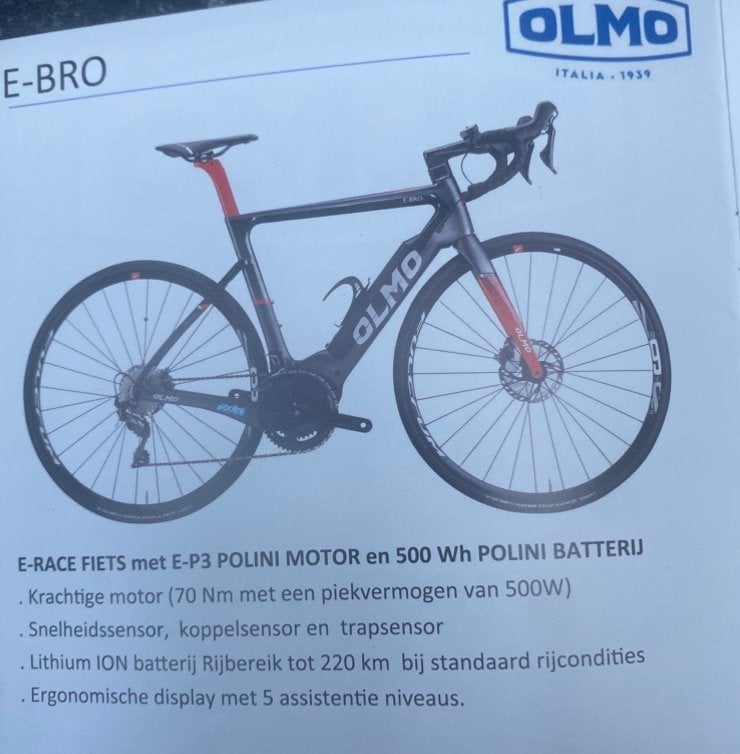 Koersfiets elektrische OLMO, Ophalen, Gebruikt, Schijfrem, Overige merken