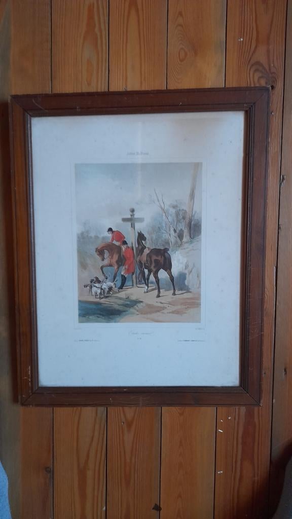 Oude prent van een jachttafereel in kader met glas, Ophalen, Gebruikt, Voor 1940, Dier