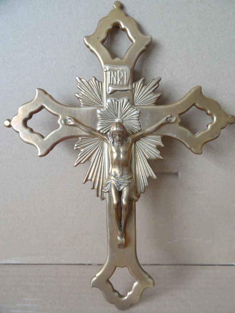 Antiek kruis kruisbeeld Art deco messing kruisbeeld 22x30cm, Antiek en Kunst, Antiek | Religieuze voorwerpen, Ophalen of Verzenden