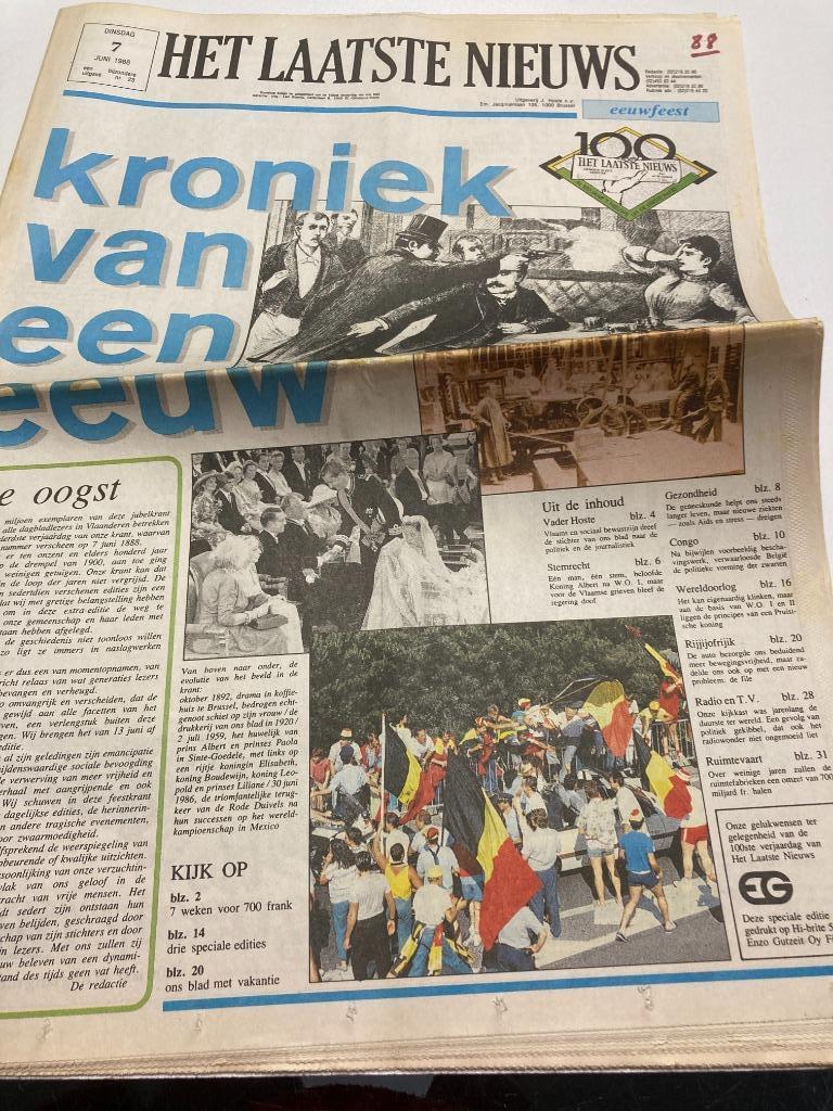 Krant HLN 07/06/88 : Kroniek van de eeuw, expo, reclame, Verzamelen, Ophalen of Verzenden, 1980 tot heden, Krant