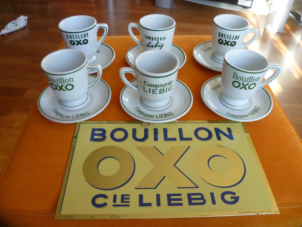 BLIKKEN BORDJES+6 KOP EN SCHOTELS"OXO LIEBIG"UIT JAREN 30/40, Verzamelen, Ophalen of Verzenden, Gebruikt, Reclamebord