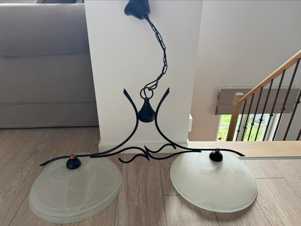 Smeedijzeren hanglamp, Huis en Inrichting, Lampen | Hanglampen, Ophalen, Glas, 75 cm of meer, Landelijk