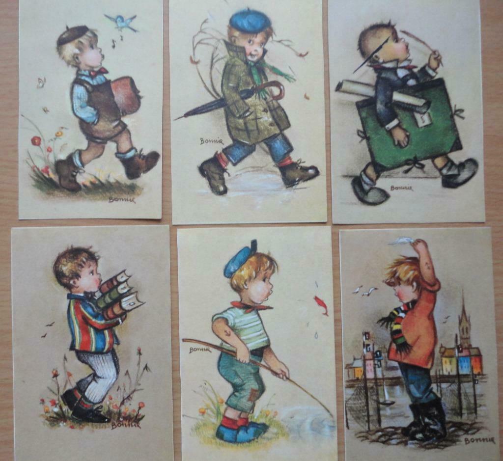 6 originele bonniekaarten van Alfred Mainzer boys New York, Ophalen of Verzenden