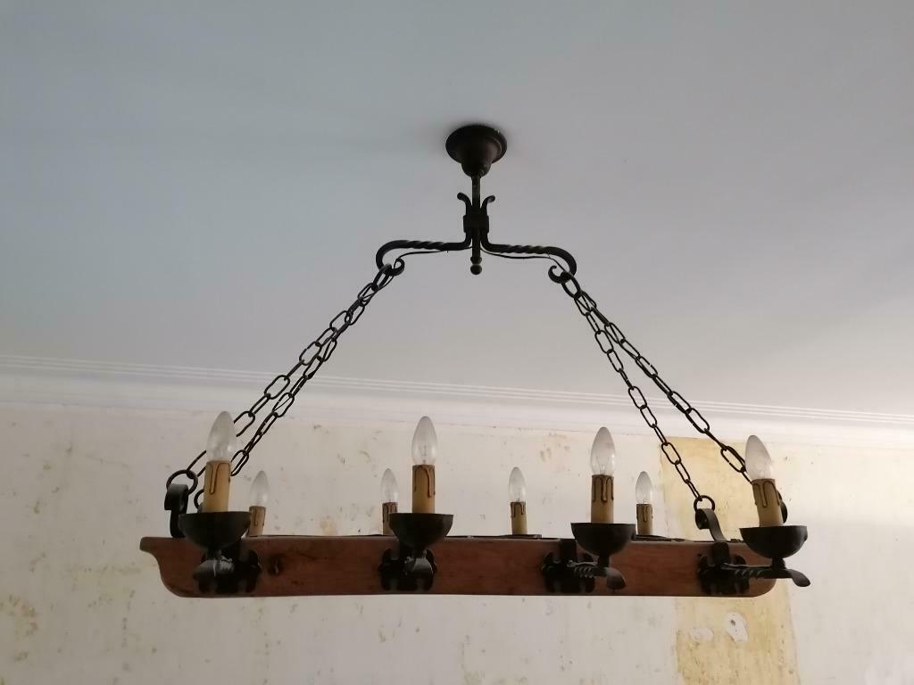 Lustre rustique médiéval bois et fer forgé, Ophalen, Gebruikt, Hout
