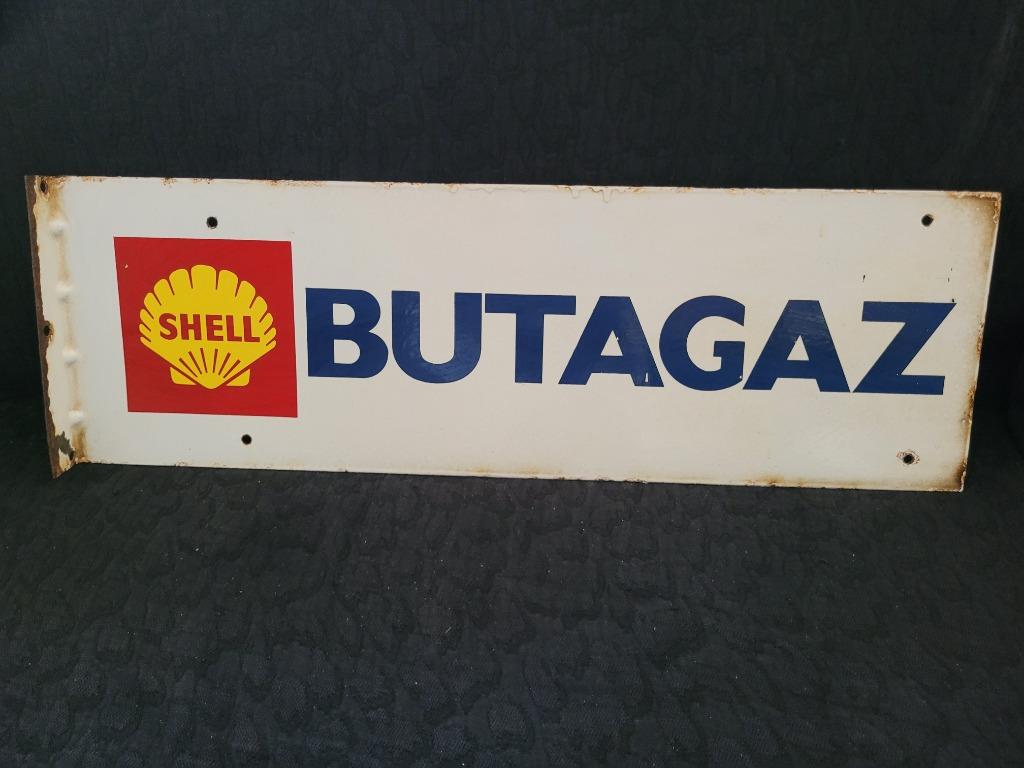 plaque émaillée double face SHELL butagaz 1963, Enlèvement ou Envoi, Utilisé, Panneau publicitaire