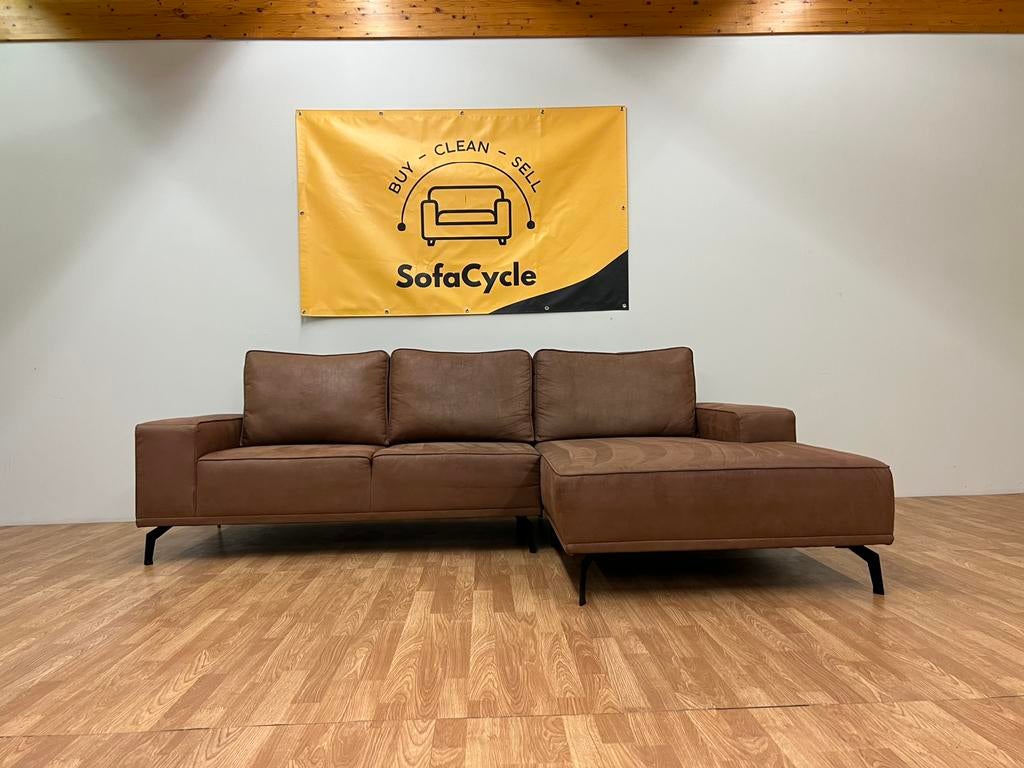 fauteuil trois places cognac avec chaise longue — SofaCycle, Enlèvement ou Envoi, Comme neuf