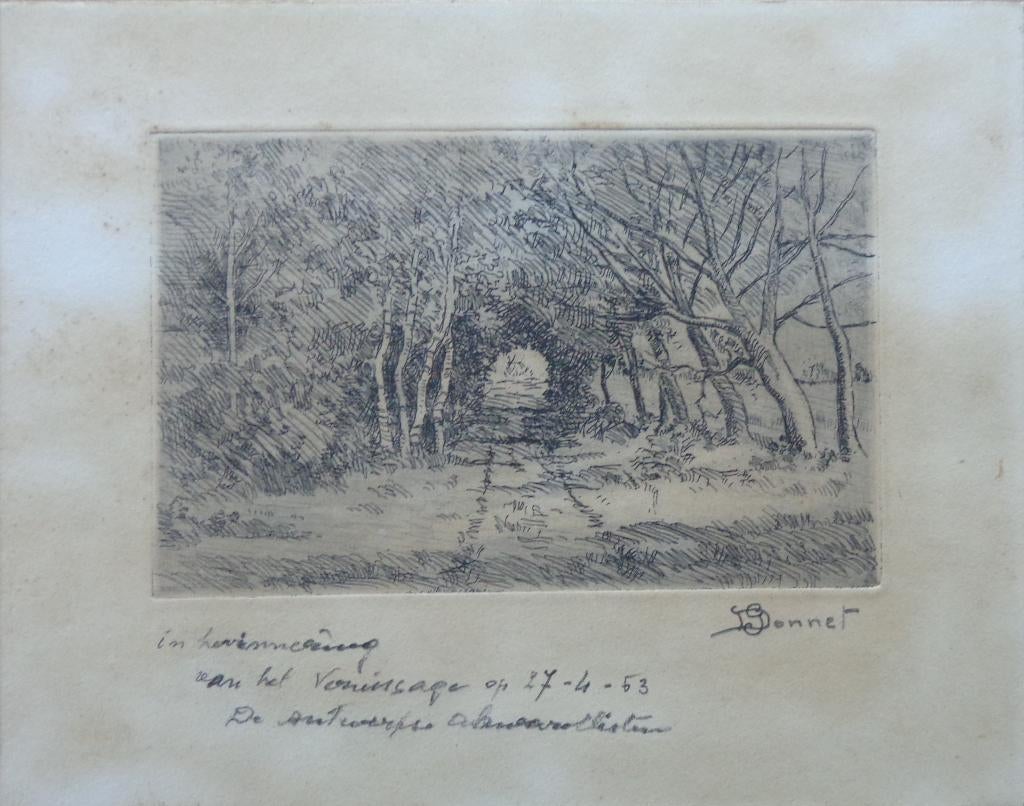 GUSTAVE DONNET / BOSZICHT /ZW-W ETS / 19x24cm / SIG, Ophalen of Verzenden