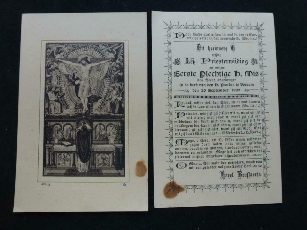 oud bidprentje h. priesterwijding Karel Bruffaerts 1909, Verzamelen, Verzenden, Bidprentje