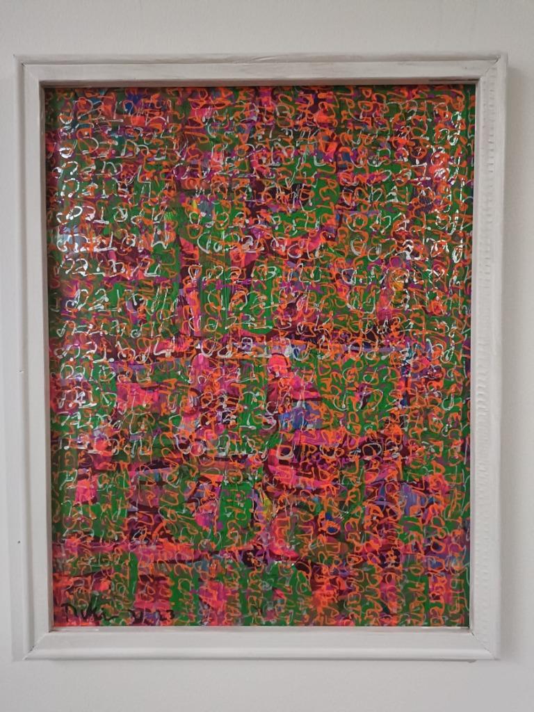 Letters in neon en felle kleuren, wit frame, Antiek en Kunst, Kunst | Schilderijen | Abstract, Ophalen of Verzenden