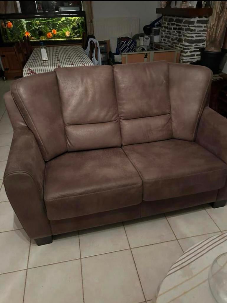 Bruin salon driezit en tweezit, Ophalen, Zo goed als nieuw, Leer, Rustiek modern