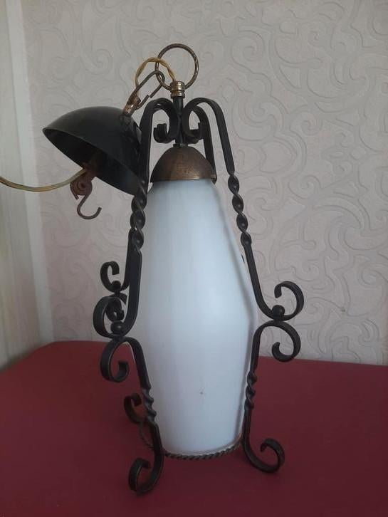 Vintage buiten-hanglamp smeedijzer met glazen kap, Antiek en Kunst, Ophalen