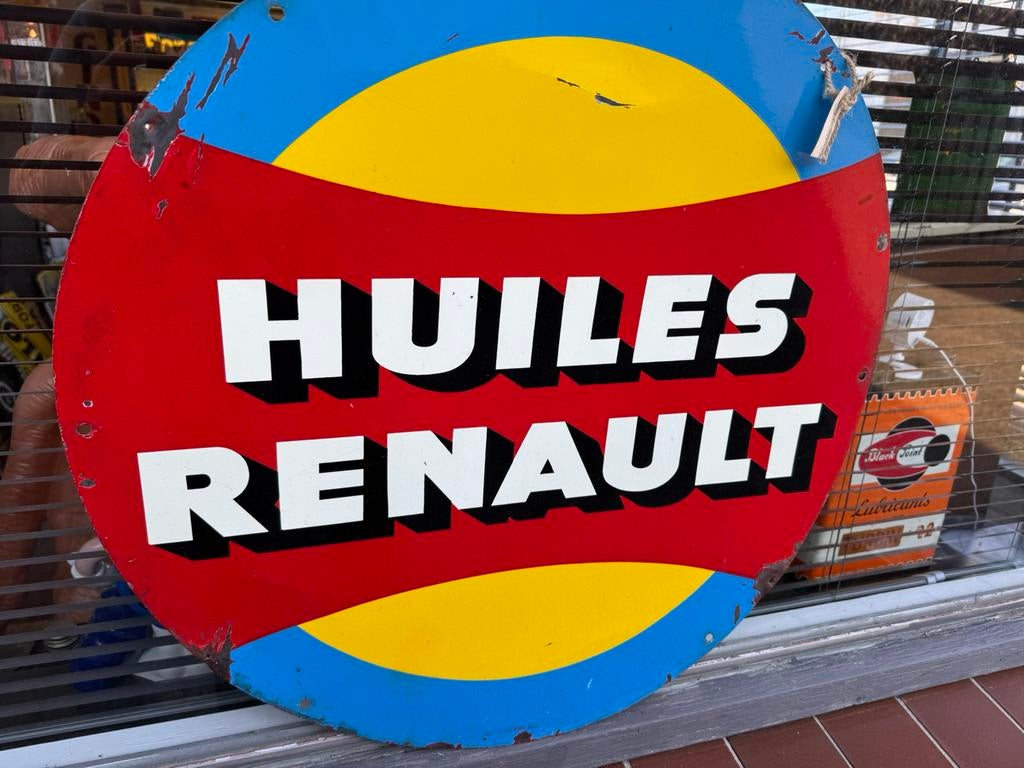 Panneau publicitaire ancien HUILES RENAULT, Enlèvement ou Envoi, Utilisé, Panneau publicitaire