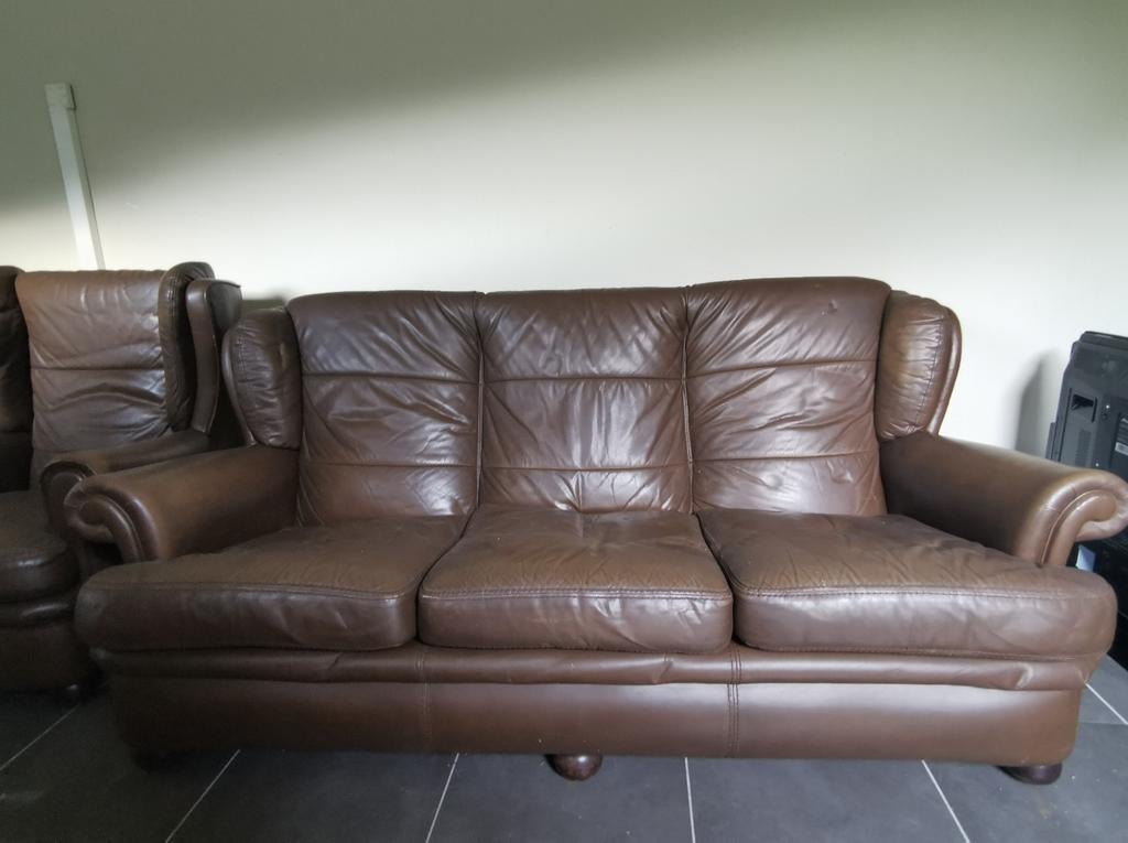 Lederen zetels vintage 80s 2x éénzit en 1x driezit, Ophalen, Gebruikt