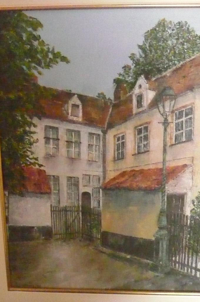olieverfschilderij "Begijnhof Lier", Ophalen of Verzenden, Zo goed als nieuw, Schilderij