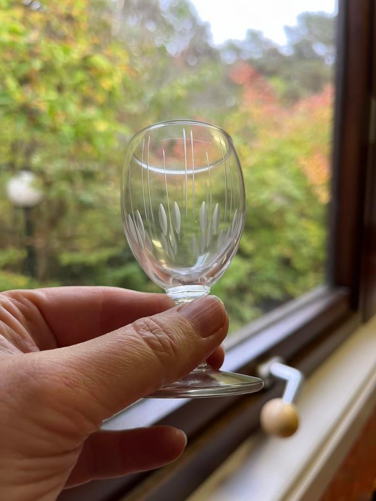 11 borrelglaasjes met modern slijpwerk - vintage jaren’60, Ophalen of Verzenden, Zo goed als nieuw, Borrel- of Shotglas