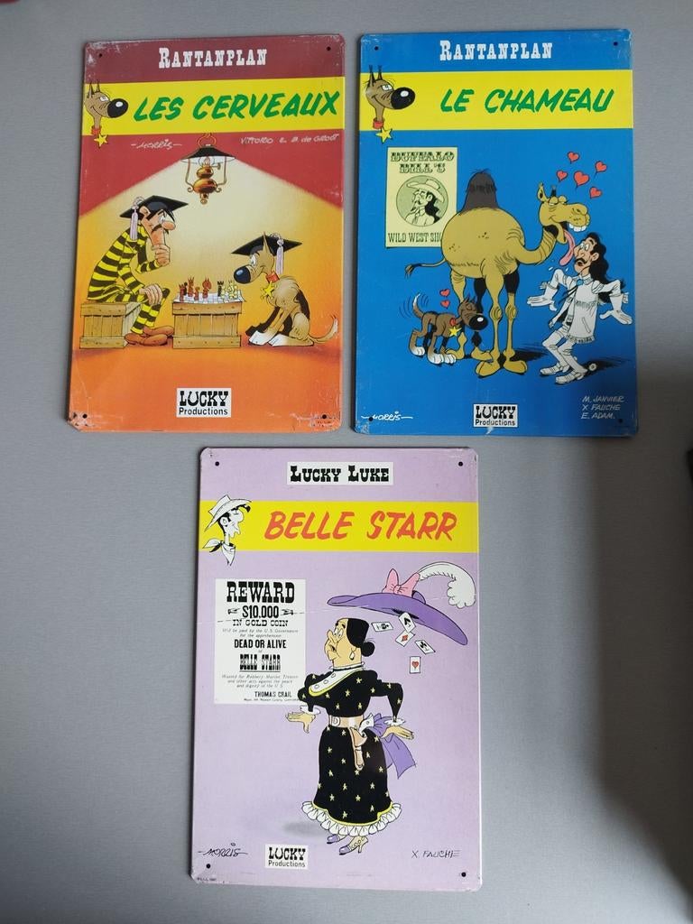 3 plaques métalliques Lucky Luke Rantaplan, Série complète ou Série, Enlèvement ou Envoi, Utilisé