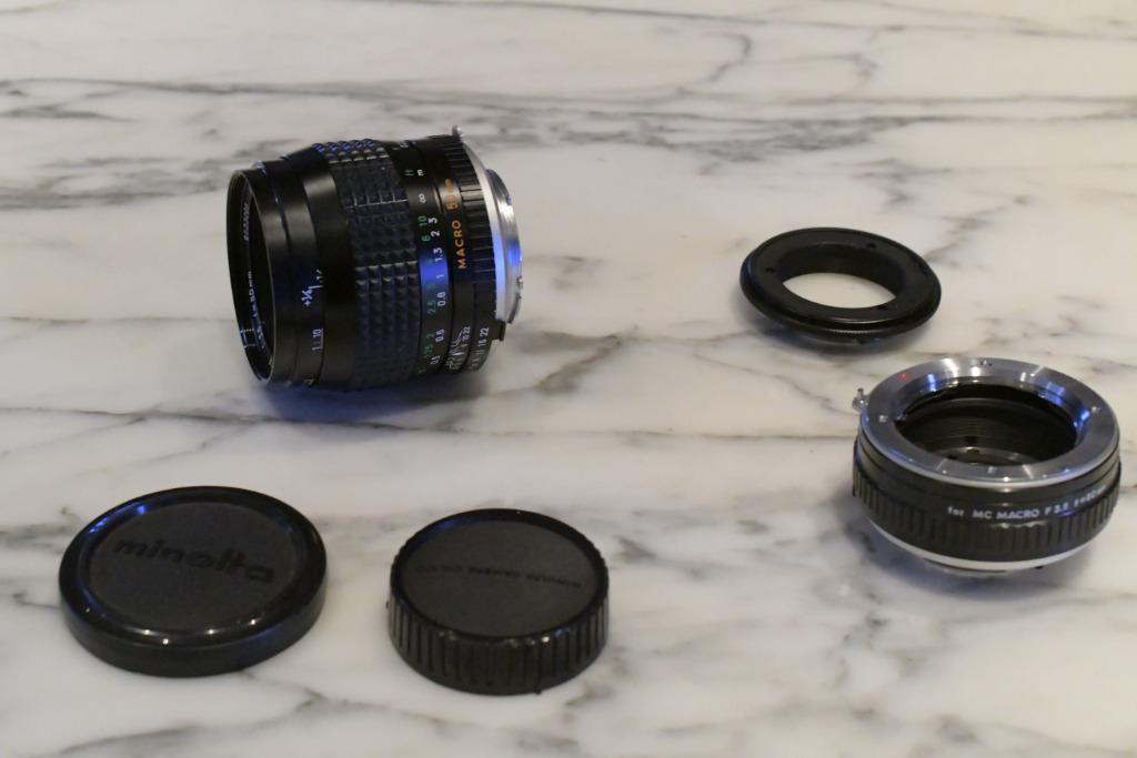 Minolta MC 50mm/ f3.5 macrolens,adapter en omkeerring, Ophalen of Verzenden, 1980 tot heden, Lens of Lenzen