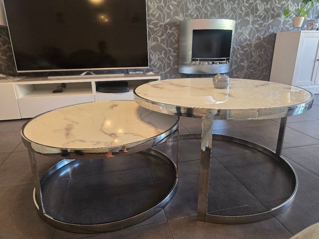 Uitschuifbare tafel van wit en grijs marmer., Ophalen, Rond, Marbre, 50 tot 100 cm